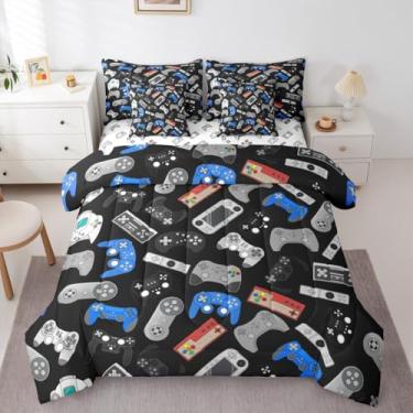 Imagem de Erosebridal Jogo de cama com edredom de 7 peças, solteiro, para meninos, videogame, preto e azul, com edredom de microfibra macia para decoração de quarto