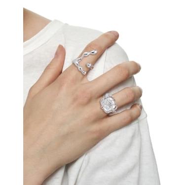 Imagem de 2 peças de anel aberto de pedra preciosa falsa com textura de gota, anéis de punho aberto de garra de latão platinado, joia de dedo empilhável de forma irregular avançada para Natal, aniversário ou