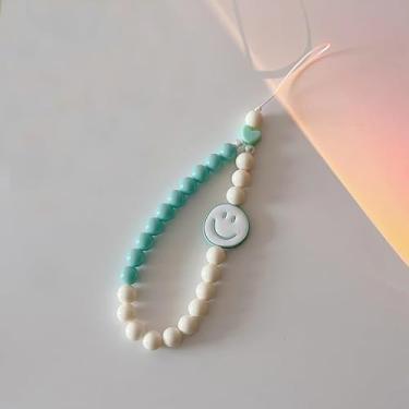 Imagem de Pulseira de telefone com contas de mármore, pulseira de celular, cordão de pulso chaveiro para iPhone, carteira, crachá, Branco + verde, tamanho �nico