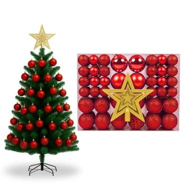 Imagem de Kit Árvore De Natal Tradicional + 100 Bolas Vermelhas com Estrela LEEBOOM Com Galhos Volumosos e Enfeites Natalinos (Vermelho, 210CM)