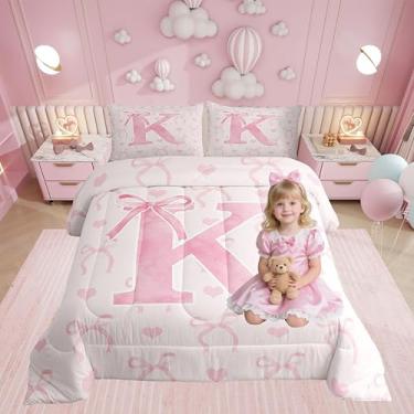 Imagem de Erosebridal Jogo de cama casal com letra A-Z, para mulheres, adolescentes, meninas, rosa, com laço kawaii, coração, edredom quente e sonhador, decoração de quarto, romântico, aquarela, alfabeto,