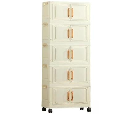 Imagem de Caixa Organizadora Multiuso Dobrável com Rodinhas e Porta – Empilhável Ideal para Banheiro Cozinha Roupas e Closet (50cm(leite branco 5 camadas))