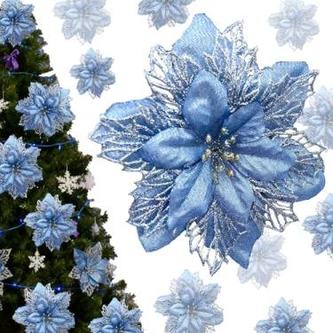 Imagem de WEIDOLLAR Poinsétia com glitter para árvore de Natal, 12 peças de flores artificiais de Natal com clipes, hastes, enfeites de árvore de Natal para decoração de guirlanda de festa, faça você mesmo
