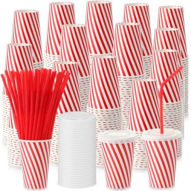 Imagem de Fullhawl Conjunto de 150 copos de papel descartáveis vermelhos com tampas e canudos para festa de Halloween circo carnaval 340 g copos de papel descartáveis para bebidas de Natal, férias, aniversário