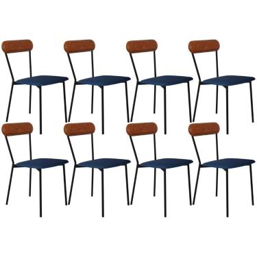 Imagem de Kit 08 Cadeiras Estofada Para Sala De Jantar Liora Preto C01 Linho Azul Courino Caramelo - Lyam Decor