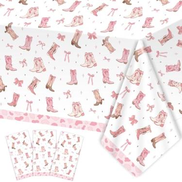 Imagem de 3 peças de toalha de mesa de cowgirl ocidental, arco coquete, artigos de festa de vaqueira, botas de arcos rosa, capas de mesa descartáveis, tema de rodeio ocidental, toalhas de mesa de plástico para