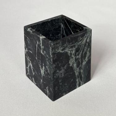 Imagem de StonePlus Recipiente de armazenamento quadrado de pedra de mármore natural, copo vazio para velas/canetas/itens diversos (verde flor escura)