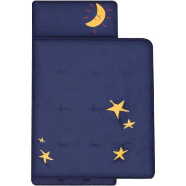 Imagem de BESSLEE Luxury Padded Toddler Kid Nap Mat with Removable Pillow and Thick Comforter Blanket, Daycare Preschool Approved Silky Soft Warm Portable Sleeping Bag, 2-4 Years, Navy Stars Moons