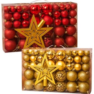 Imagem de Kit 100 Bolas de Natal + Ponteira Estrela Dourada 19 cm – Vermelho ou Dourado, 3 acabamentos (lisa/fosca/glitter), tamanhos 4/5/7,5 cm – Decoração Premium para Árvore e Guirlanda (Vermelho)