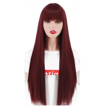 Imagem de Peruca Vermelha Lisa com Franja, Aparência Natural, Cabelo Sintético