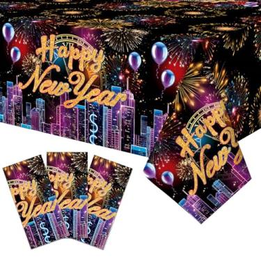 Imagem de Gistome Toalha de mesa de plástico com 3 peças de 137 x 272 cm para feliz ano novo – fogos de artifício e horizonte da cidade, capas de mesa descartáveis para festas de Ano Novo, celebrações de