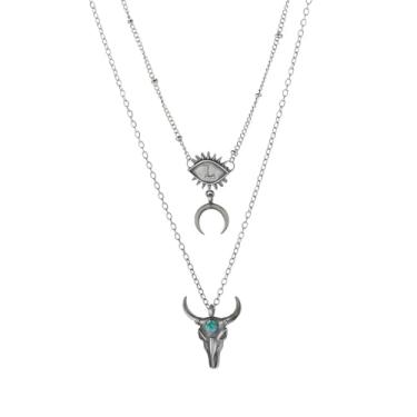 Imagem de MANZHEN Conjunto de colar vintage em camadas estilo boho cowgirl com inicial olho turco, cabeça de touro, lua crescente, colares geométricos de corrente de prata, 18 Inches, Bronze antigo, Sem Pedra