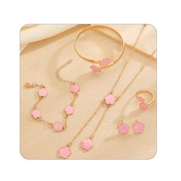 Imagem de ZMJK Conjunto de joias Lucky Clover para mulheres, elegante, colar com pingente de flor, brincos, anel, pulseira, moda, trevo de cinco folhas, joias florais para presentes de amigos, extra, Liga de