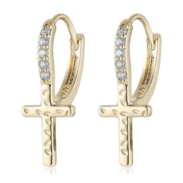 Imagem de HZMAN Brincos de cruz banhados a ouro 14K para mulheres e homens, brincos de argola com cruz de zircônia cúbica hipoalergênica para presente