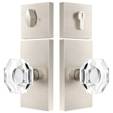 Imagem de SHINY HANDLES Conjunto de fechadura de porta externa de cristal, maçaneta de porta de vidro octogonal com fechadura de cilindro único, fechaduras de entrada com chave semelhante, níquel escovado