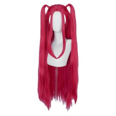 Imagem de Topcosplay Peruca longa rosa vermelha feminina com rabo de cavalo anime cosplay Halloween fantasia acessórios (rosa vermelha)