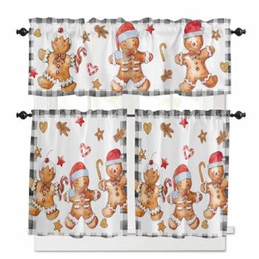 Imagem de BABE MAPS Conjunto de 3 peças de cortina de cozinha de Natal com saia e camadas aquarela, homem de gengibre, vintage, açúcar, bolso para varão, conjunto de cortinas de janela pequena para sala de