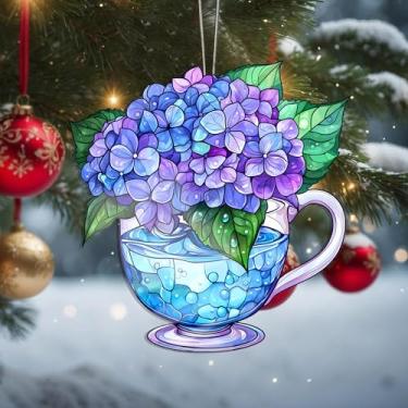 Imagem de Ornamentos de Natal de flores de hortênsia para pendurar, decoração de férias, decoração de acrílico, decoração de interiores de carro, enfeite de árvore de Natal, artesanato para pendurar