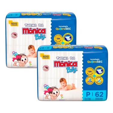 Imagem de Kit 2 Fralda Turma da Mônica Baby Tamanho P Pacote Mega 62 Unidades De