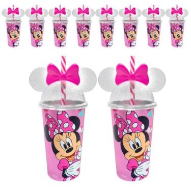 Imagem de Kit com 10 Copo Minnie Rosa com Canudo 500ml Para Festa Infantil - Pla