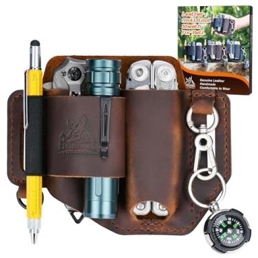 Imagem de FLYHOMES Bainha multiferramentas de couro genuíno | Organizador de cinto EDC costurado feito à mão para Leatherman Surge | Lanterna, Coldre de faca, caneta e bolsa de ferramentas | Marrom escuro