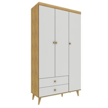 Imagem de Guarda Roupa Infantil Retrô 3 Portas Com Gavetas Lígia Off White Com Bétula Carolina Baby