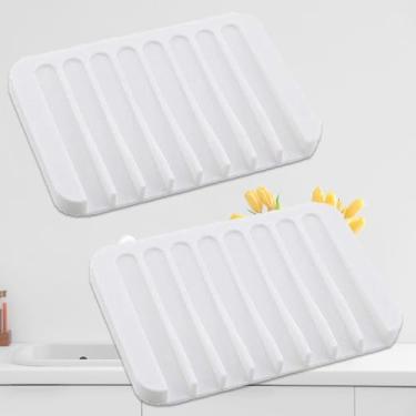 Imagem de Bandeja de sabão de cozinha de silicone com 2 peças – Bandeja de pia versátil para bancada, garrafa de sabão e organizador de esponja com bico de drenagem branco