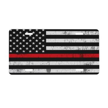 Imagem de KOSUES Bandeira de bombeiro retrô fina linha vermelha vintage bandeiras americanas placa de licença de alumínio 15 x 30 cm capa de placa frontal de carro acessório de decoração de carro novidade