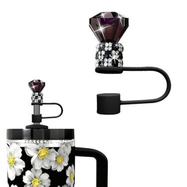 Imagem de JIASHEBDE Conjunto de topo de palha de diamante para Stanley Cup 850 g 1,134 g, tampas de strass brilhantes, capas de silicone reutilizáveis à prova de poeira para presentes femininos (1 peça preta)