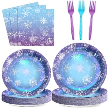 Imagem de Conjunto de pratos e guardanapos iridescentes de floco de neve de inverno com 96 peças, azul, roxo, floco de neve, utensílios de mesa descartáveis para chá de bebê, Natal, Ano Novo, artigos de