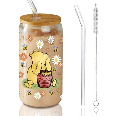 Imagem de Winnie Presents, Winnie Thank You Gifts, The Pooh Friendship Gifts, The Pooh Copo de vidro com tampa de bambu e canudo de vidro, 473 ml, presente de Natal, presente de despedida para amigos, primos