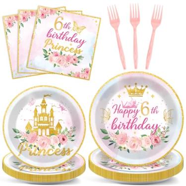 Imagem de Conjunto de pratos e guardanapos e garfos de princesa 6º aniversário para festa de princesa, castelo pastel, pratos de sobremesa, decoração descartável, ouro rosa, conjunto de utensílios de mesa para