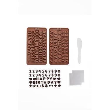 Imagem de Conjunto de 2 moldes de chocolate com letras e números com folha e raspador, moldes de alfabeto e números de silicone antiaderentes de grau alimentício para assar, doces, decoração de bolos, cubos de