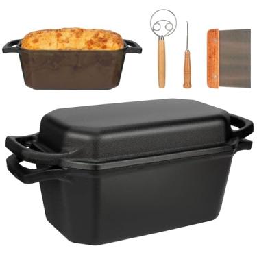 Imagem de Forno holandês de ferro fundido pré-temperado para assar pão com tampa de frigideira | Forno holandês oval de 3,6 litros, forma de forno de pão | Suprimentos para assar pão de fermento
