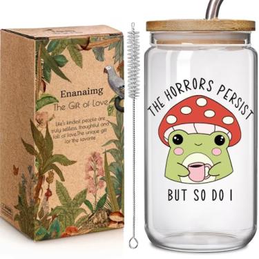 Imagem de Enanaimg Cartoon Horrors Persist Cogumelo Sapo 473 ml Copo de Vidro com Tampa e Canudos Presente para Colega de Trabalho Amigo - The Horrors Persist But So Do I, Presente de Aniversário de Sapo