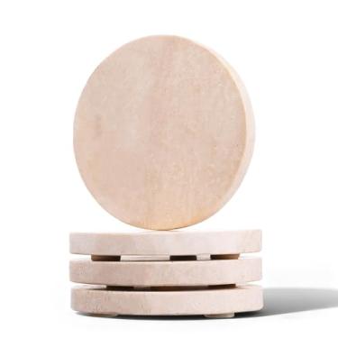 Imagem de LIQWEI Conjunto de 4 porta-copos de mármore travertino natural, redondo, 10 cm de diâmetro, porta-copos de mármore de pedra redonda para decoração de casa, presente de escritório, protege as mesas de