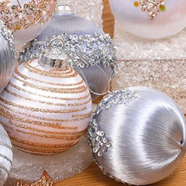 Imagem de Conjunto de 6 enfeites de bola de Natal de lantejoulas de seda, núcleo de espuma com ganchos e cordões de renda, 6 cm e 8 cm de diâmetro para árvores, grinaldas, decorações de casamento ou festa