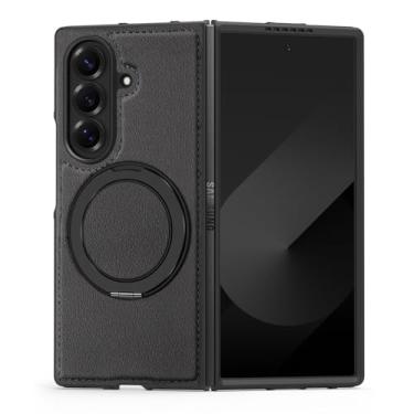 Imagem de ZYQEEE Capa magnética de couro para Samsung Galaxy Z Fold 7, compatível com Magsafe, capa protetora de couro PU fino e borracha à prova de quedas 360° com anel giratório - Galaxy Z Fold 7 preta