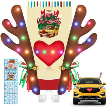 Imagem de Hydencamm Rudolph Decoração de carro com luzes LED, chifres de carro para Natal com adesivo de janela, Jingle Bells, nariz de Rudolph - Kit de decoração de acessórios de férias de carro de rena de