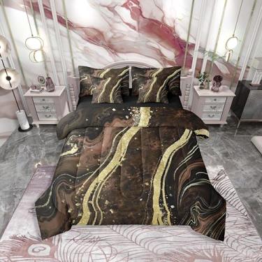 Imagem de Erosebridal Conjunto de cama casal de 7 peças de mármore marrom para mulheres, homens e adultos | Jogo de cama em uma bolsa de arte abstrata moderna e estética marmorizada, com lençóis, textura