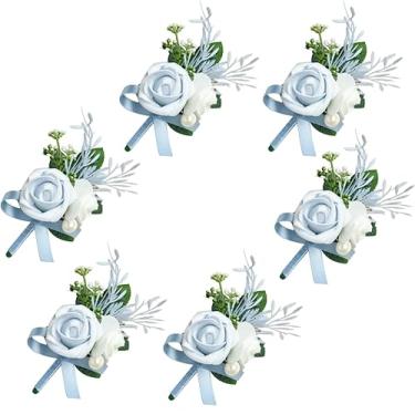 Imagem de Boutonniere azul para decoração de terno de casamento masculino, flor na lapela rosa e corpete de pulso, adequado para cerimônia de casamento, aniversário, jantar formal, outono, vintage, rústico