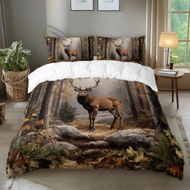Imagem de AILONEN Conjunto de capa de edredom de veado rústica, Queen, fazenda, floresta, caça, animal, para crianças, adolescentes e adultos, 3 peças de capa de edredom vintage de alce + 2 fronhas
