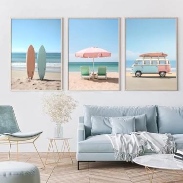 Imagem de Arte de parede de guarda-chuva rosa pôster de praia de verão imagem cênica oceano ônibus arte de parede pôster de prancha de surfe costeira rosa e azul pintura de paisagem marítima decoração de