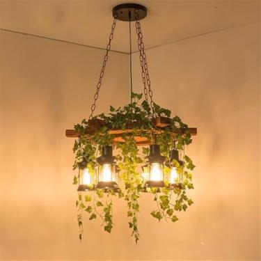 Imagem de Lustre Americano Pastoral LED Industrial Retrô Criativo para Restaurante, Bar, Cafeteria, Loja de Chá com Leite, Loja de Roupas, Decoração com Plantas Verdes - Luminária Pendente (6 Lâmpadas