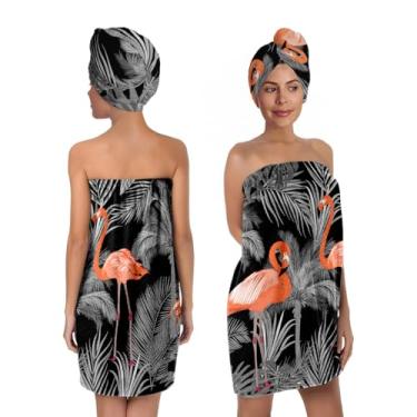 Imagem de Toalha de banho corporal com estampa de folhas de palmeira flamingo e toalha de cabelo para mulheres e meninas, conjunto de toalhas de banho macio e secagem de cabelo, secagem rápida, absorvente