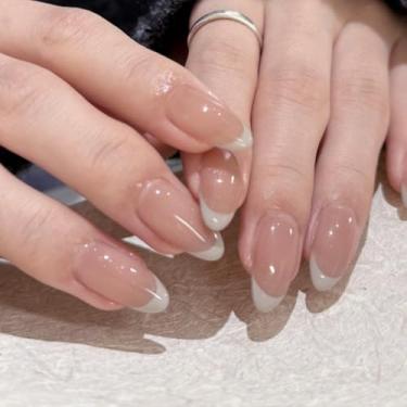 Imagem de Unhas postiças curtas médias amêndoas brancas francesas com glitter simples Desien cobertura completa cola acrílica falsa em unha para mulheres, 24 peças