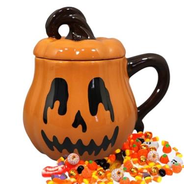 Imagem de Caneca de abóbora - Copos de cozinha de abóbora de cerâmica com tampa e alça - Utensílios de bebida engraçados e fofos, recipiente de bebida de 350 ml para chá de Halloween beber café, suco de leite e