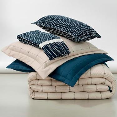 Imagem de Kit Enxoval Colcha Cobreleito Queen Dupla Face Lavive Diana Percal 200 Fios Peseira Almofada 7 Peças (Azul Petróleo)