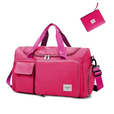 Imagem de WOOMADA Bolsa esportiva dobrável de viagem com compartimento para sapatos, bolsa noturna com bolso molhado e manga de carrinho, bolsas femininas impermeáveis e resistentes a rasgos, Rosered, M, Bolsa