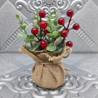 Imagem de Arranjo Cereja Pinha Artificial Vaso Enfeite Mesa Natal 15cm Frutas - 